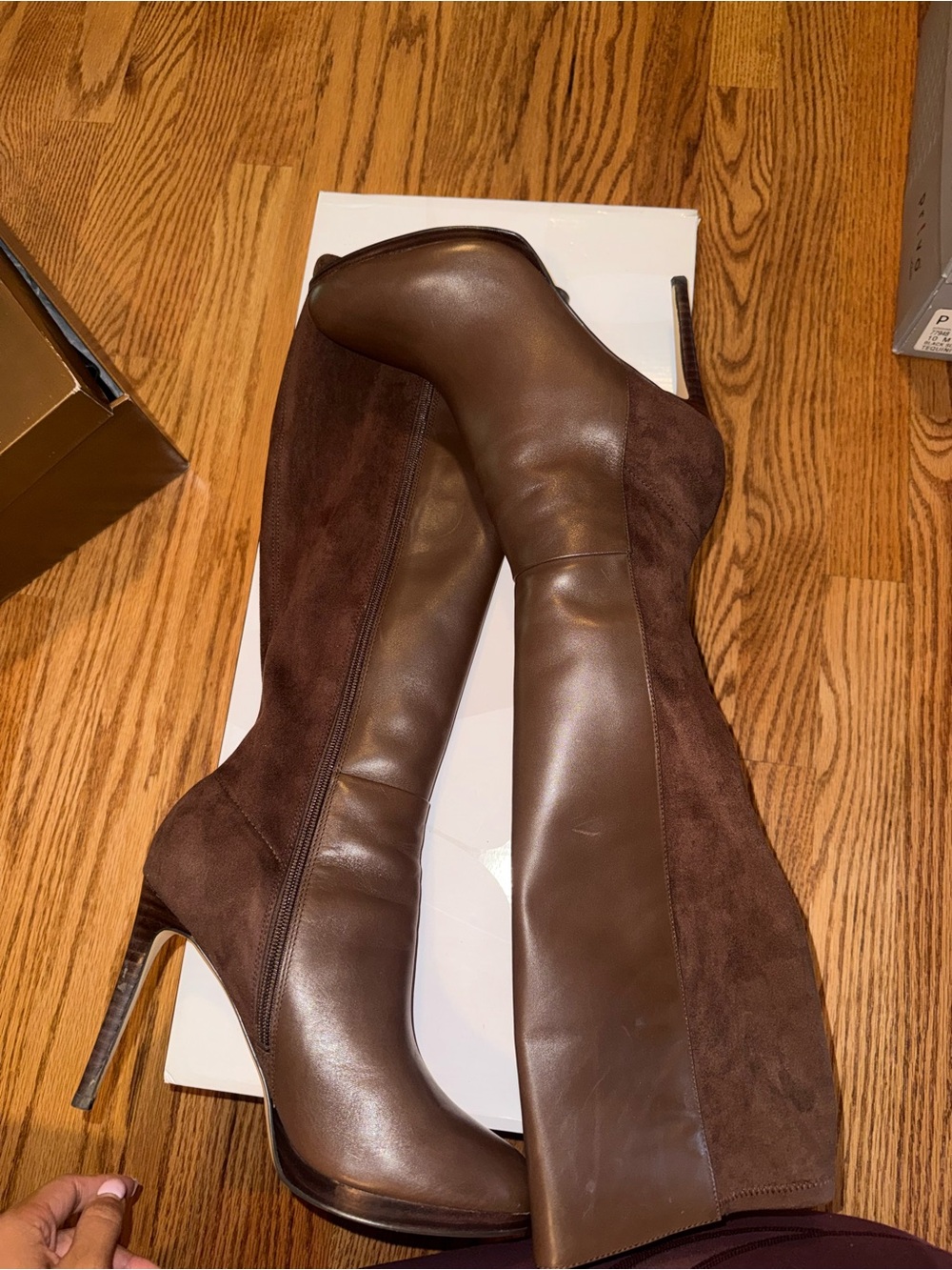 Nine West Two-Tone Brown Leather & Suede Knee-High Stiletto Boots - Picture 2 of 4